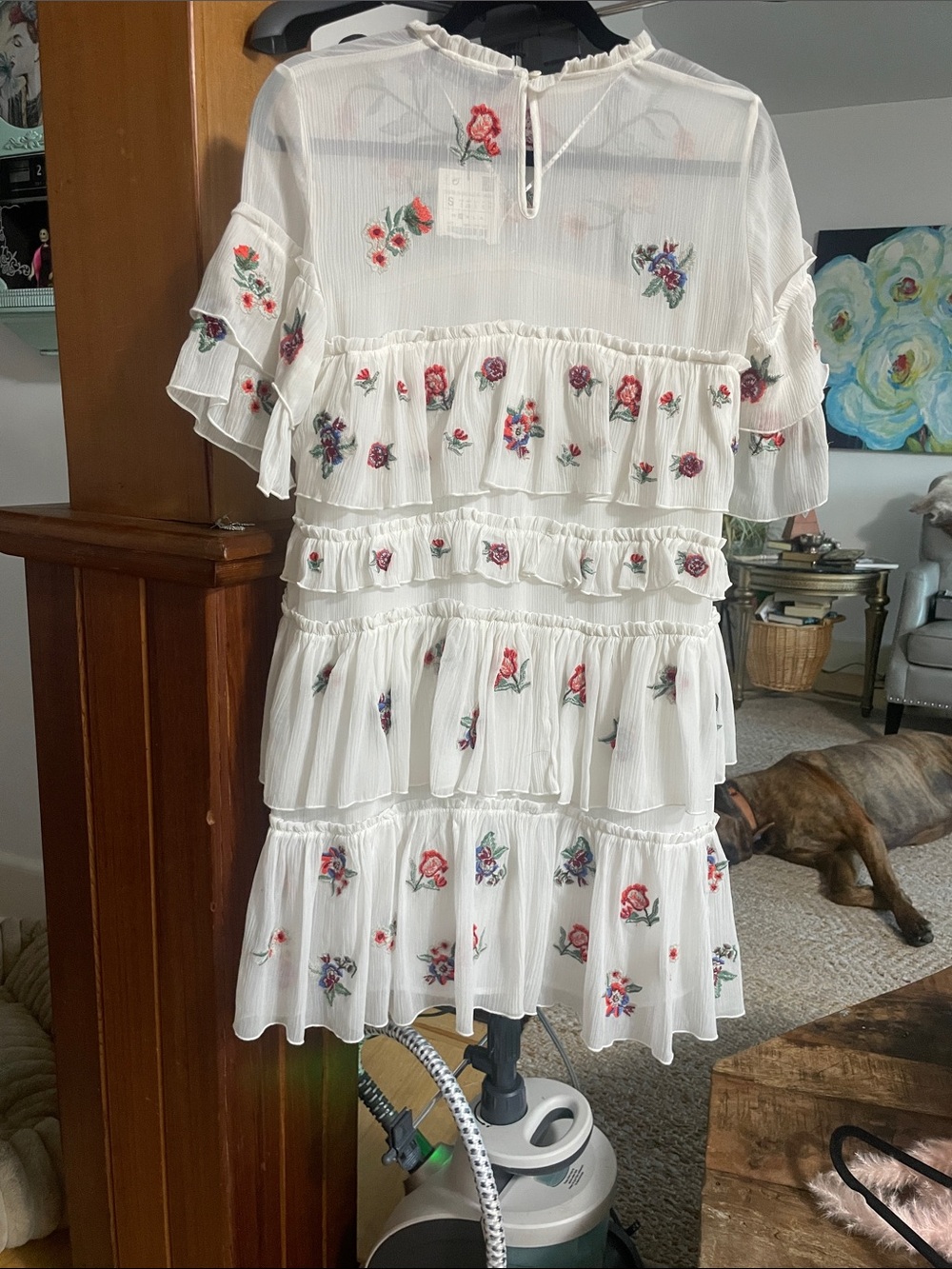 Zara White Ruffle Tunic with Multicolor Floral Embroidery
